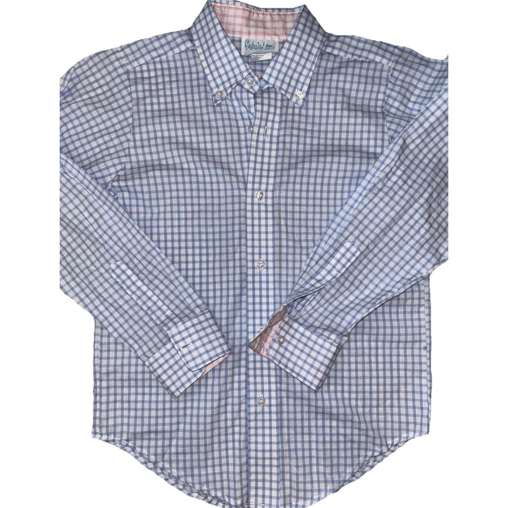 Funtasia Boys 10 Gingham Blue With Pink Details Cotton Long Sleeve Button Up